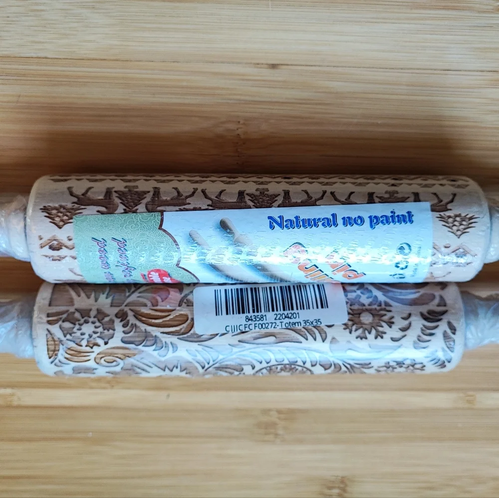 2 Wooden Christmas Holiday Embossed Rolling Pins Reindeer Trees Scroll Pattern